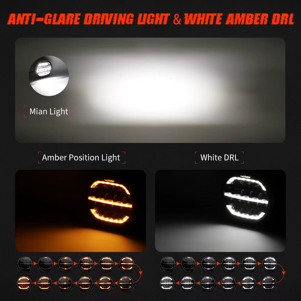 2025 Newest White Yellow DRL Position Light Rhythmic Chasing 7 Inch Truck 4X4 Car Spot Driving Spotlight