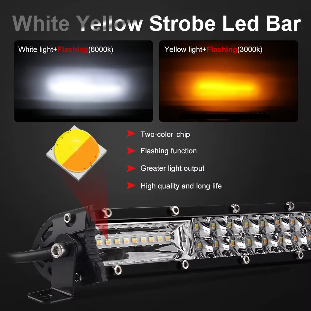 Barra De Luces Led Ambar Bicolor IP68 Dual Row White Amber Dual Color Strobe Slim Combo Beam Yellow Fog Lamp Amber Light Bar Led