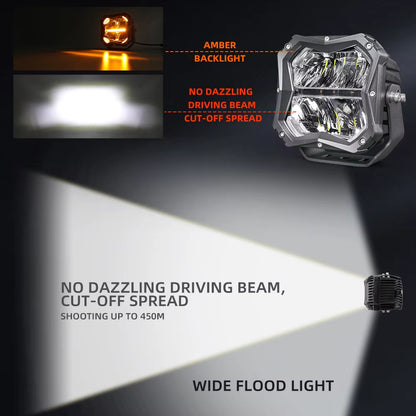 4X4 off Road 5 Inch 50W Auxiliary Led Pod Light Assembly Offroad LED Work Light In-Built Amber Backlighting