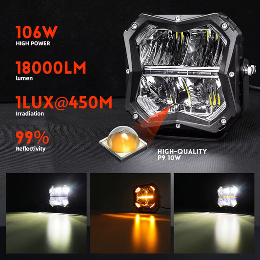 4X4 off Road 5 Inch 50W Auxiliary Led Pod Light Assembly Offroad LED Work Light In-Built Amber Backlighting